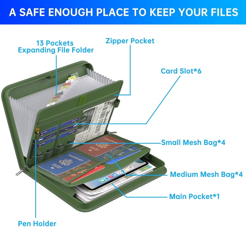 ENGPOW Accordion File Organizer,Fireproof Expanding File Folder with Multi Pockets,13 Pockets Document Organizer with Handle & Labels,Portable Home Travel Safe Storage for Letter A4 Files,Green - Image 5